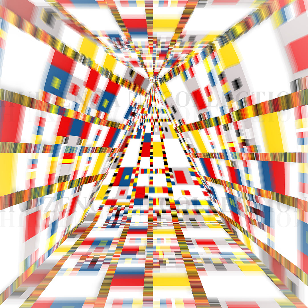 Close up van Geometric Space #44 Triangle – immersive abstract geometric painting by Lisette Huizenga. An evolved 3-dimensional interpretation of Mondrian’s Victory Boogie Woogie with dynamic red, blue, yellow and white forms creating depth and movement.