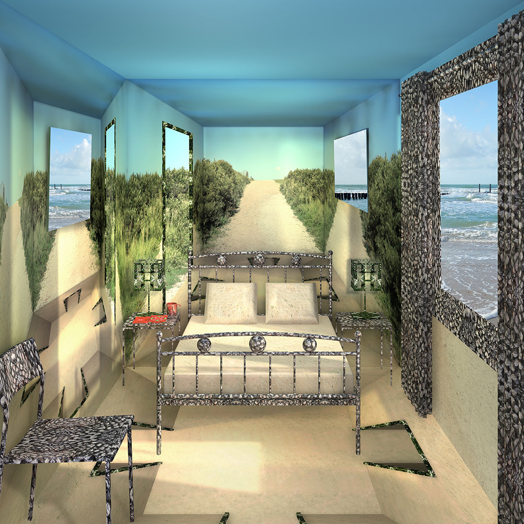 Close-up-ofsleeping-space-lisette-huizenga-surreal-interior-coastal-perspective-artwork