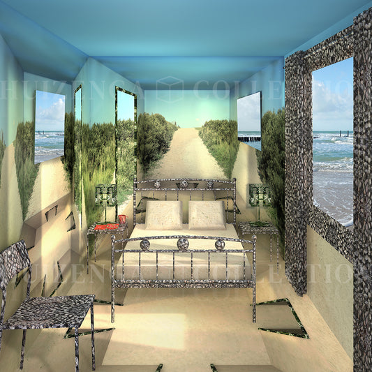 Close up of surreal interior artwork depicting a bedroom merging with a coastal landscape, featuring layered textures, perspective distortion, and immersive spatial illusion.