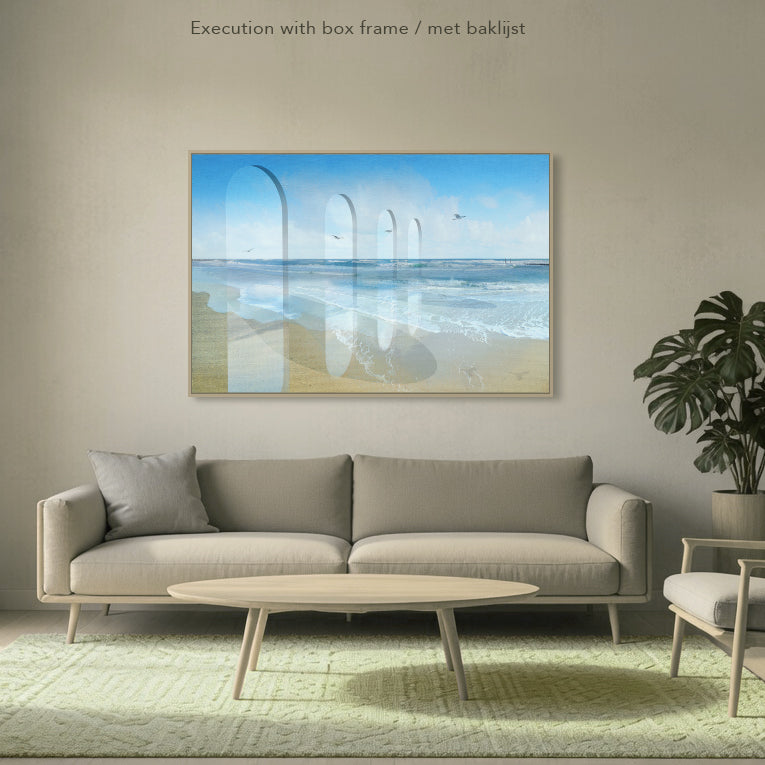 Gates to horizon kunstwerk met strand en bogen gepresenteerd in moderne ruimte met nadruk op rust en dieptewerking