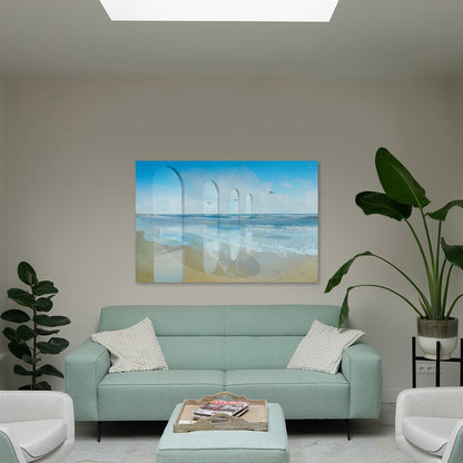 Gates to horizon kunstwerk met strand en bogen gepresenteerd in moderne ruimte met nadruk op rust en dieptewerking