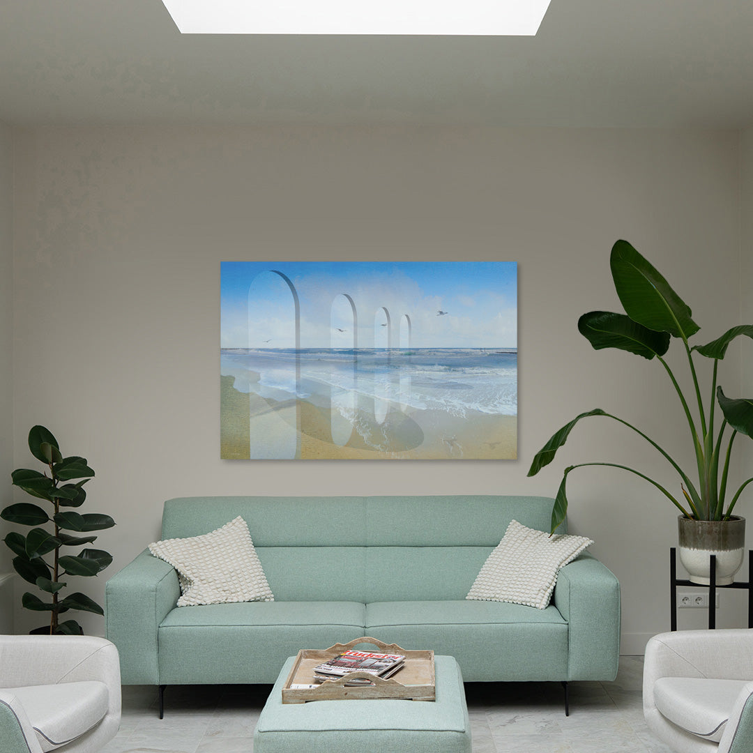 Gates to horizon kunstwerk met strand en bogen gepresenteerd in moderne ruimte met nadruk op rust en dieptewerking