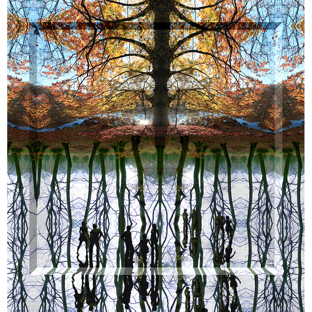Insight Landscape II displayed in an interior – immersive mystical forest digital painting by Lisette Huizenga with powerful reflections and symmetry.