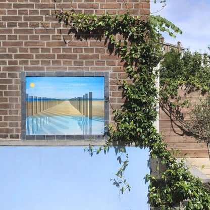 Palenkamer Domburg installed in an outdoor space by Lisette Huizenga. A striking immersive painting with architectural poles and spatial depth.