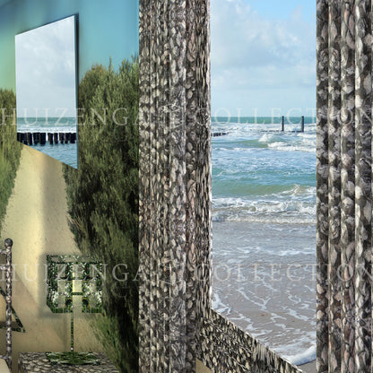Detail Slaapkamer detail van doorkijk naar kustlandschap met zee en horizon geïntegreerd in interieur