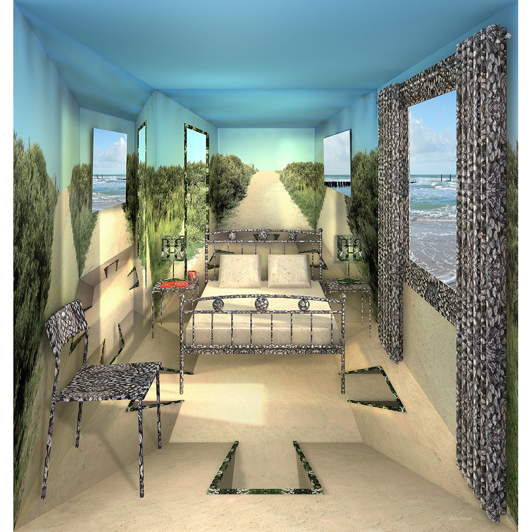 Close up of surreal interior artwork depicting a bedroom merging with a coastal landscape, featuring layered textures, perspective distortion, and immersive spatial illusion.
