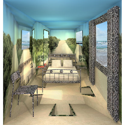 Close up of surreal interior artwork depicting a bedroom merging with a coastal landscape, featuring layered textures, perspective distortion, and immersive spatial illusion.