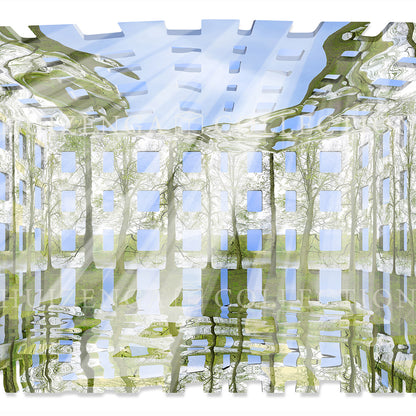 Close-up detail of Atlantis Risorta by Lisette Huizenga, showing light rays, reflections on water and the organic merging of structure and trees.