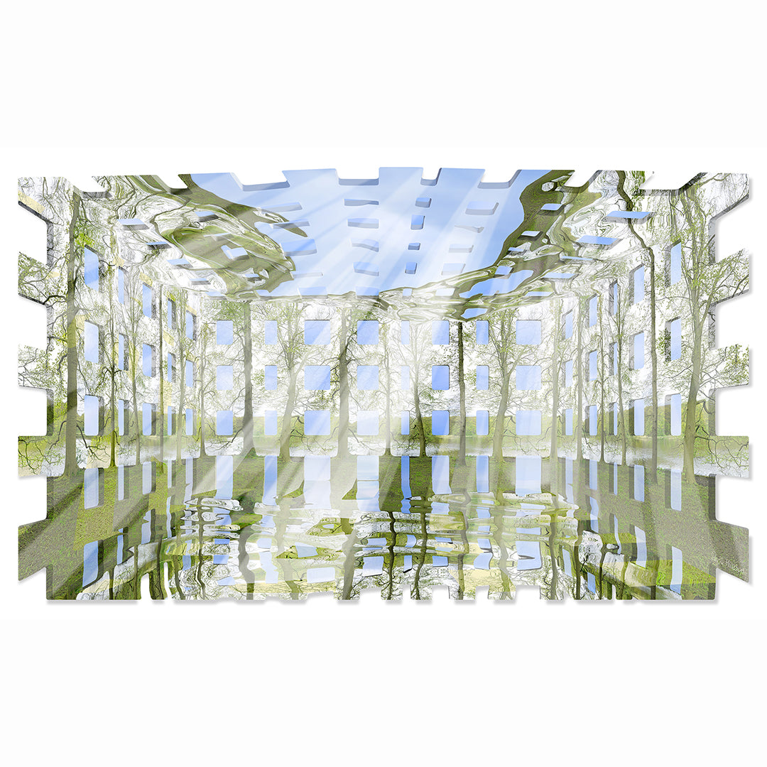 Atlantis Risorta, 2024 – immersive digital painting by Lisette Huizenga. A striking fusion where ruined architecture blends with growing trees and reflections of light and water.