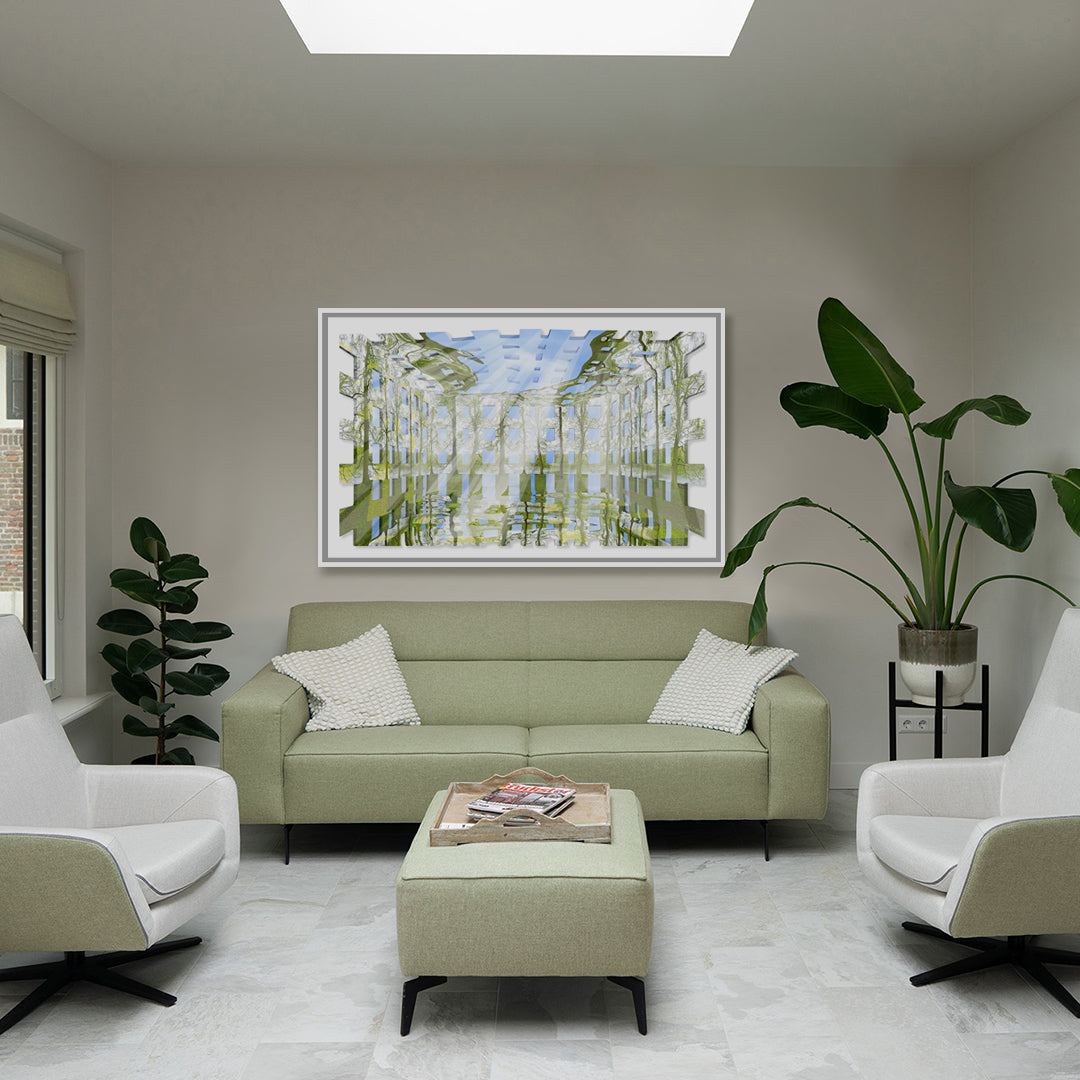 Atlantis Risorta installed as a framed artwork in an interior space. The large-scale digital painting by Lisette Huizenga creates a powerful illusion where architecture and nature merge within the room.