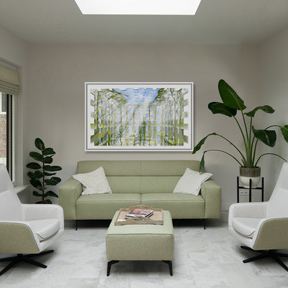 Atlantis Risorta installed as a framed artwork in an interior space. The large-scale digital painting by Lisette Huizenga creates a powerful illusion where architecture and nature merge within the room.