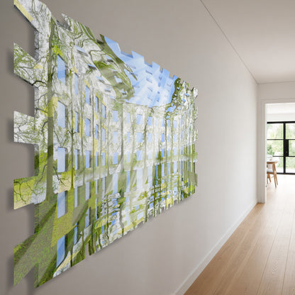 Atlantis Risorta installed as a framed artwork in an interior space. The large-scale digital painting by Lisette Huizenga creates a powerful illusion where architecture and nature merge within the room.