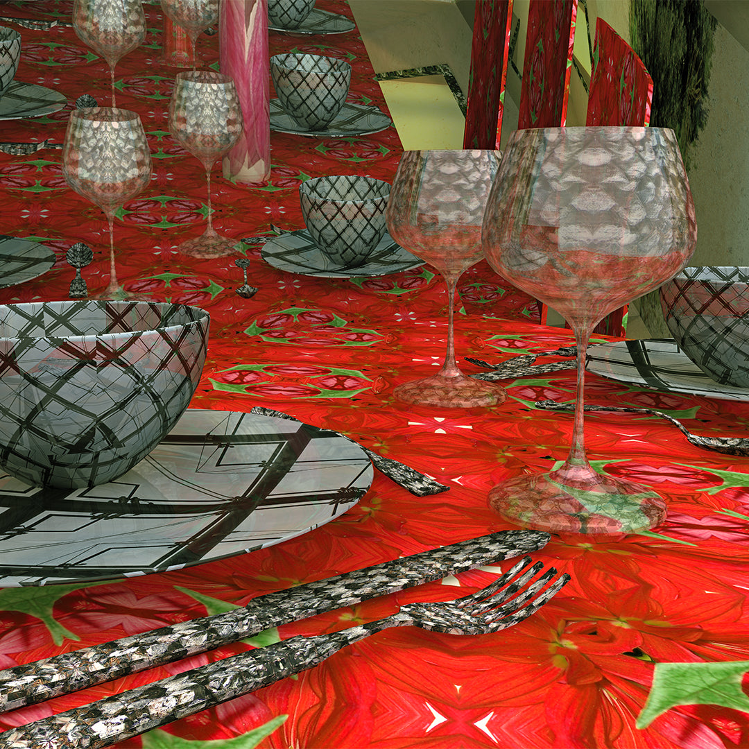 Close-up detail of Dinner in Red by Lisette Huizenga, showing the rich red tablecloth and elegant glassware.