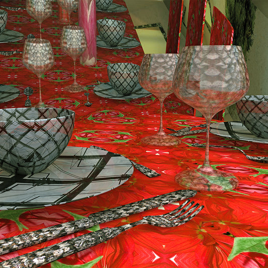 Close-up detail of Dinner in Red by Lisette Huizenga, showing the rich red tablecloth and elegant glassware.
