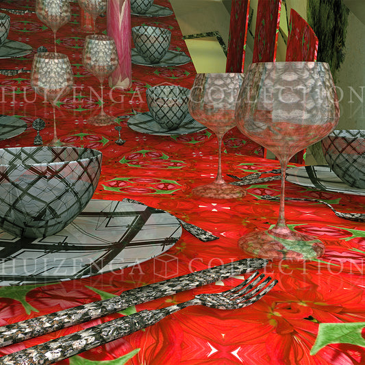 Close-up detail of Dinner in Red by Lisette Huizenga, showing the rich red tablecloth and elegant glassware.