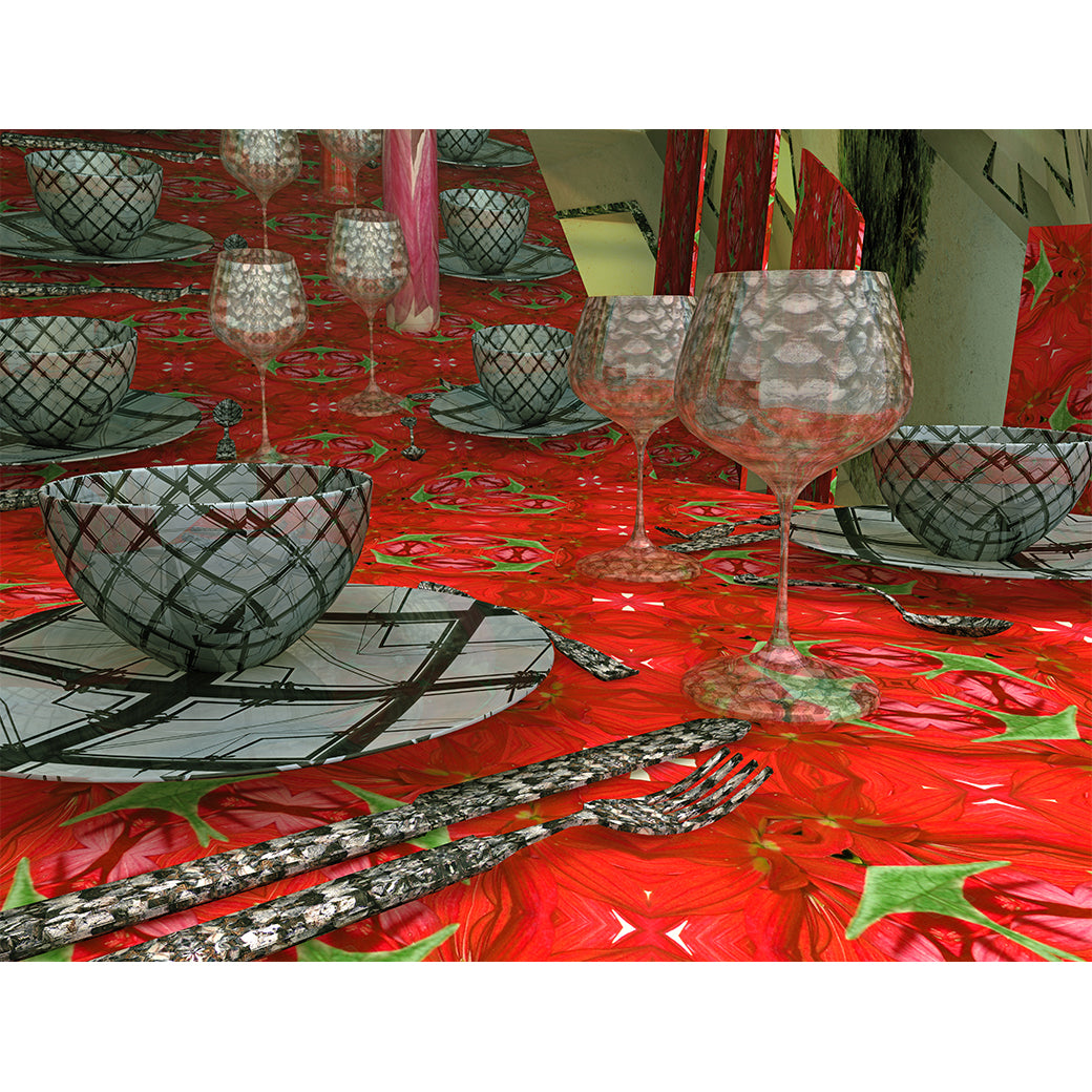 Dinner in Red, 2009 – immersive digital painting by Lisette Huizenga. A striking red table setting with intricate patterns, crystal glasses and elegant details.
Ingezoomd.