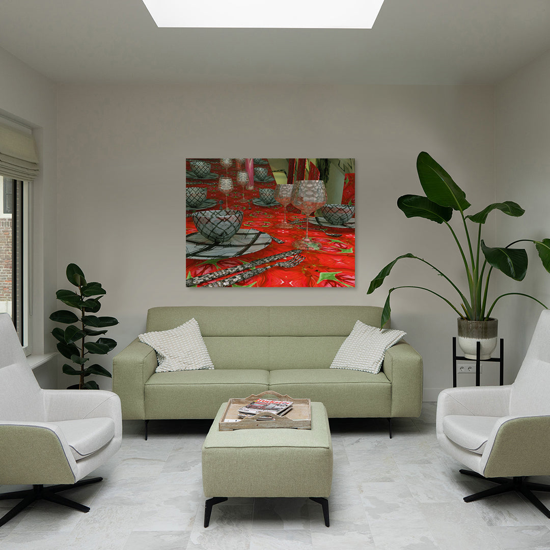 Dinner in Red installed in an interior space by Lisette Huizenga. A vibrant and immersive red table setting painting.