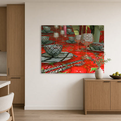 Dinner in Red installed in a kitchen interior space by Lisette Huizenga. A vibrant and immersive red table setting painting.
