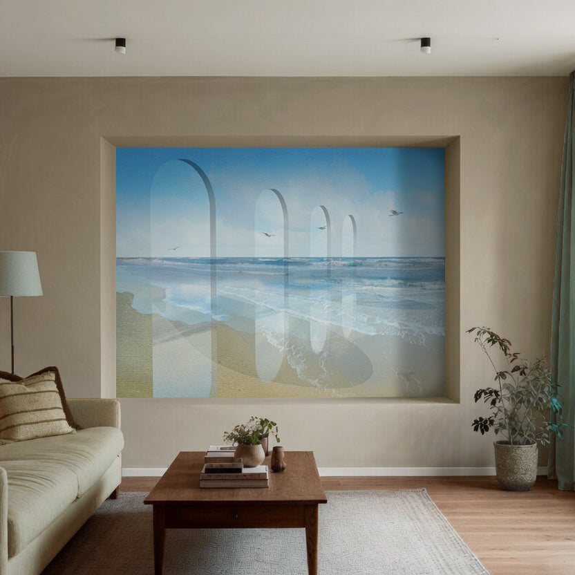 Gates to horizon kunstwerk met strand en bogen gepresenteerd in een nis in de architectuur van de ruimte