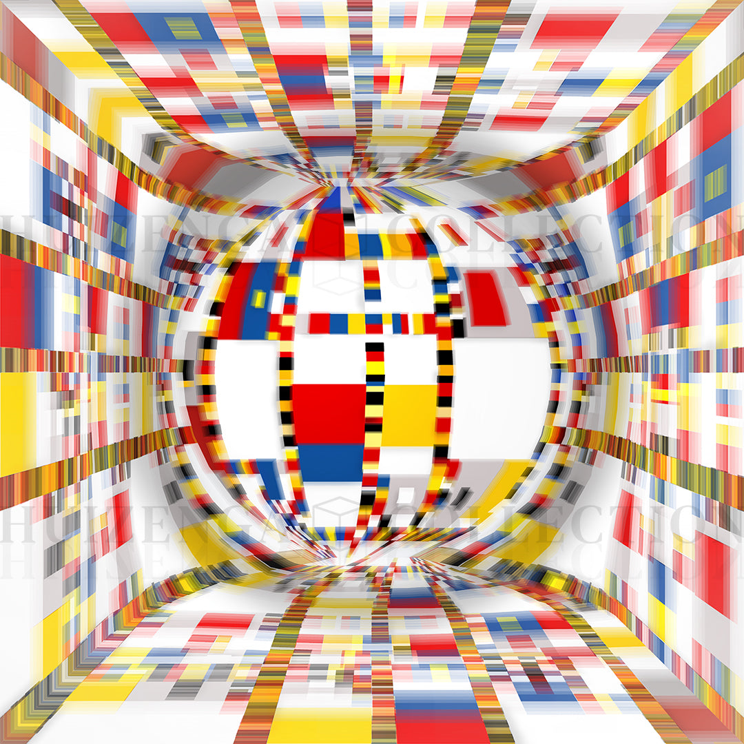 Close-up of Geometric Space #44 Circle by Lisette Huizenga, showing intricate red, yellow, blue and white geometric structures and the central circular perspective.