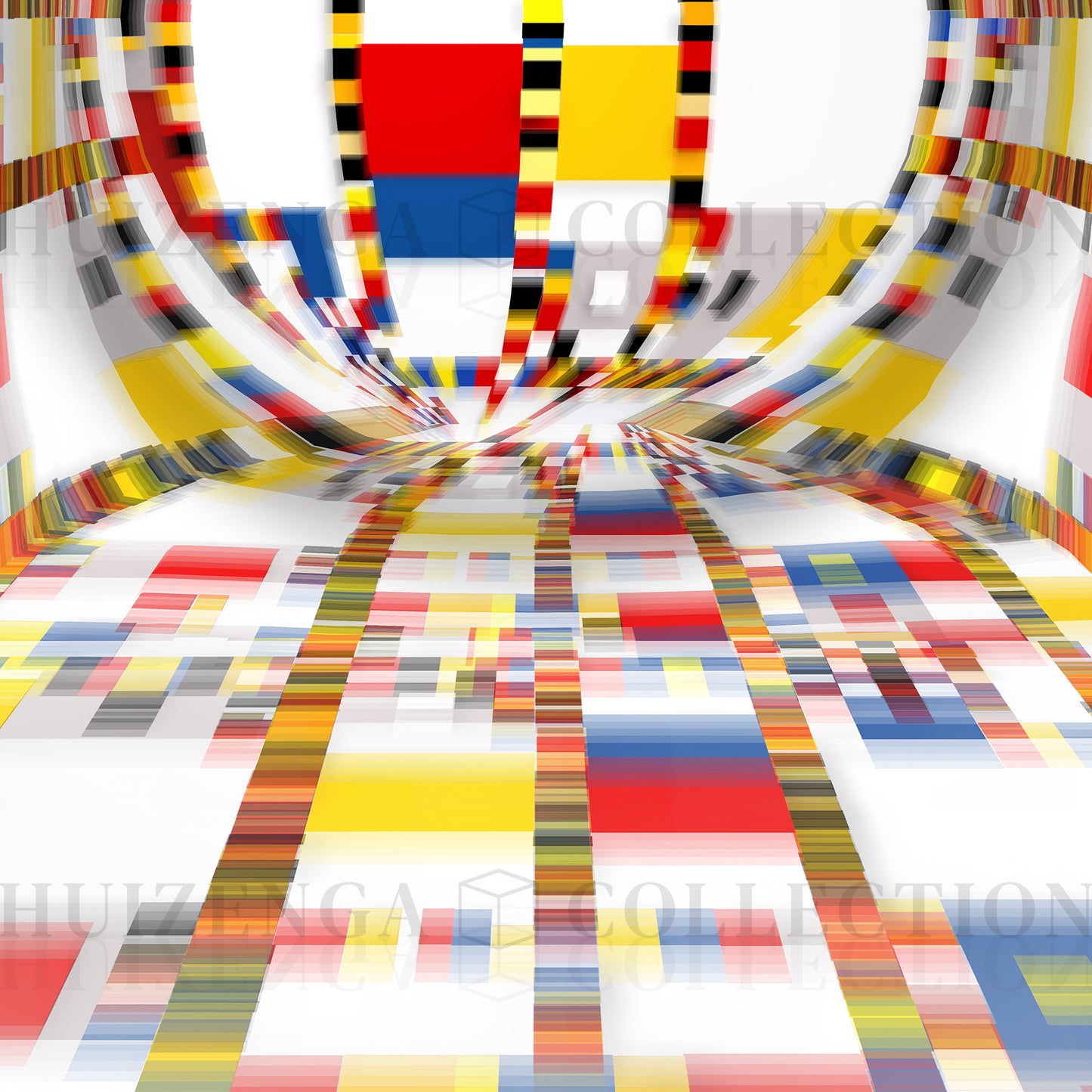 Detail of Geometric Space #44 Circle – vibrant red, yellow, blue and white rectangular colour blocks in a dynamic composition.