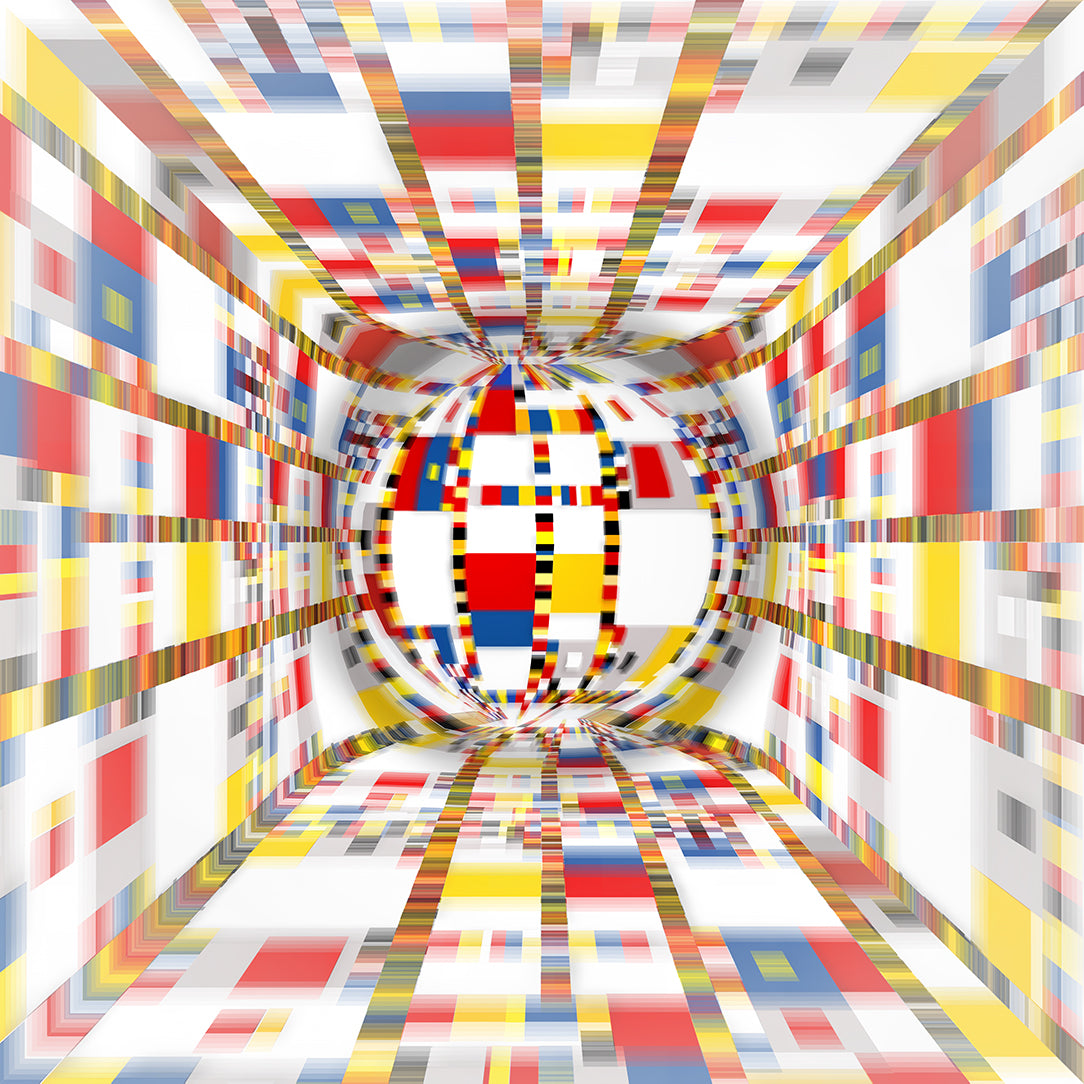 Geometric Space #44 Circle – immersive abstract geometric painting by Lisette Huizenga. An evolved three-dimensional interpretation of Mondrian’s Victory Boogie Woogie with dynamic red, yellow, blue and white forms creating a circular spatial depth.
