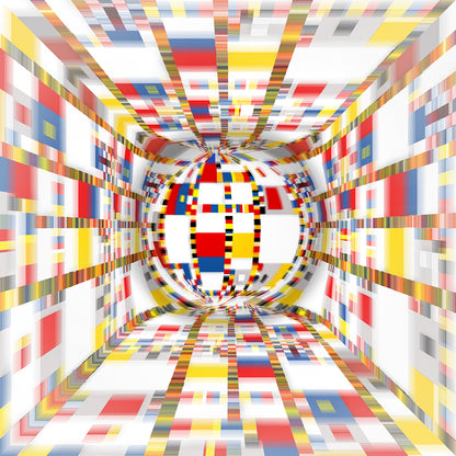 Geometric Space #44 Circle – immersive abstract geometric painting by Lisette Huizenga. An evolved three-dimensional interpretation of Mondrian’s Victory Boogie Woogie with dynamic red, yellow, blue and white forms creating a circular spatial depth.