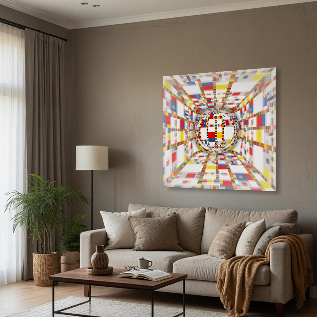 Geometric Space #44 Circle installed in a modern living room. Large-scale colourful geometric abstract painting by Lisette Huizenga, an evolved 3D interpretation of Mondrian’s Victory Boogie Woogie.