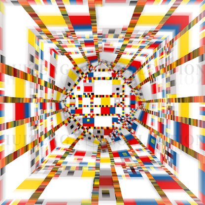 Close-up of Geometric Space #44 Square by Lisette Huizenga, showing intricate red, yellow, blue and white geometric structures and the central perspective.