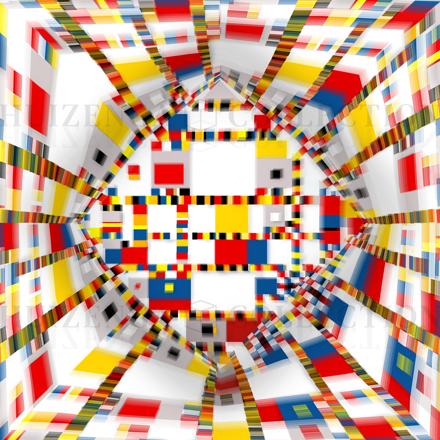 Detail of Geometric Space #44 Square – the central vanishing point with layered geometric colour blocks creating strong depth.