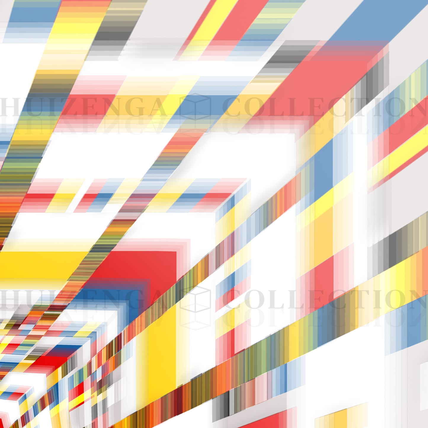 Detail of Geometric Space #44 Square – vibrant red, yellow, blue and white rectangular colour blocks in a dynamic geometric composition.