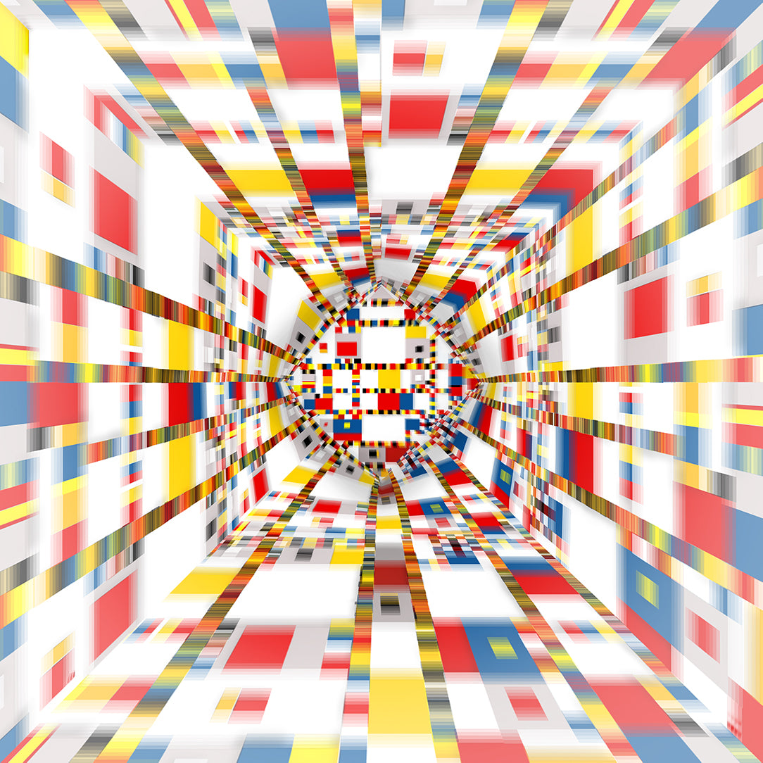Geometric Space #44 Square – immersive abstract geometric painting by Lisette Huizenga. An evolved three-dimensional interpretation of Mondrian’s Victory Boogie Woogie with dynamic red, yellow, blue and white forms creating a powerful square perspective and spatial depth.