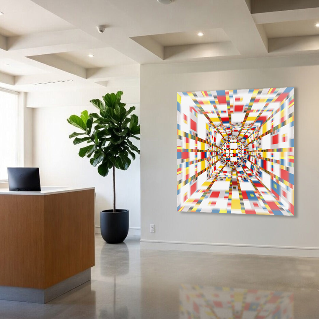 Geometric Space #44 Square installed in a modern interior. Large-scale colourful geometric abstract painting by Lisette Huizenga, an evolved 3D interpretation of Mondrian’s Victory Boogie Woogie.