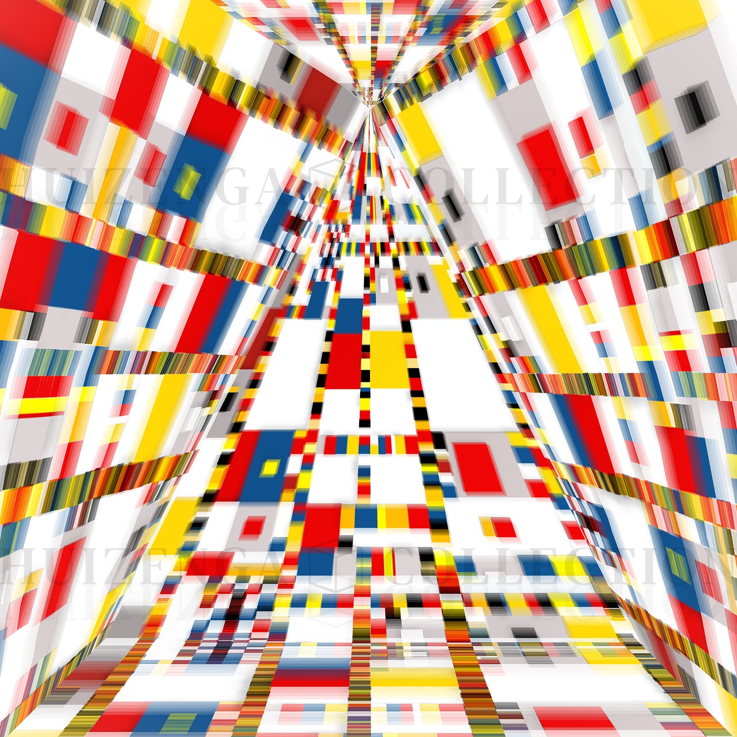 Close-up detail of Geometric Space #44 Triangle by Lisette Huizenga, showing intricate red, blue, yellow and white geometric structures inspired by Mondrian’s Victory Boogie Woogie.