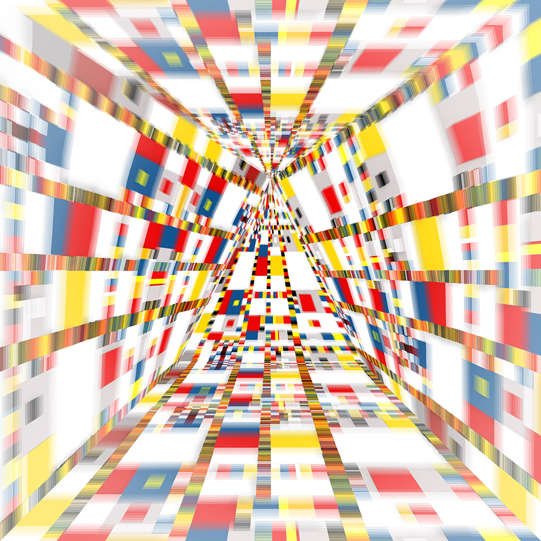 Geometric Space #44 Triangle – immersive abstract geometric painting by Lisette Huizenga. An evolved 3-dimensional interpretation of Mondrian’s Victory Boogie Woogie with dynamic red, blue, yellow and white forms creating depth and movement.