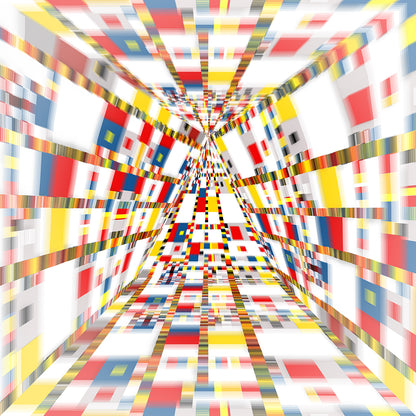 Geometric Space #44 Triangle – immersive abstract geometric painting by Lisette Huizenga. An evolved 3-dimensional interpretation of Mondrian’s Victory Boogie Woogie with dynamic red, blue, yellow and white forms creating depth and movement.