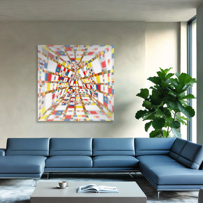 Geometric Space #44 Triangle installed in a modern living room. Large-scale colorful geometric abstract painting by Lisette Huizenga, an evolved 3D interpretation of Mondrian’s Victory Boogie Woogie.