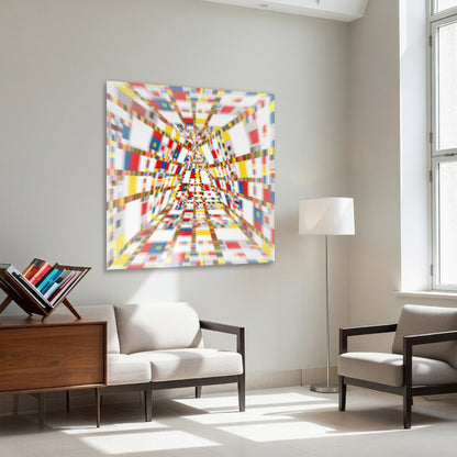 Geometric Space #44 Triangle installed in a waiting room. Large-scale colorful geometric abstract painting by Lisette Huizenga, an evolved 3D interpretation of Mondrian’s Victory Boogie Woogie.