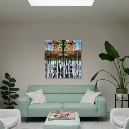 Insight Landscape II displayed in an interior – immersive mystical forest digital painting by Lisette Huizenga with powerful reflections and symmetry.