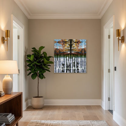 Insight Landscape II displayed in an interior – immersive mystical forest digital painting by Lisette Huizenga with powerful reflections and symmetry.