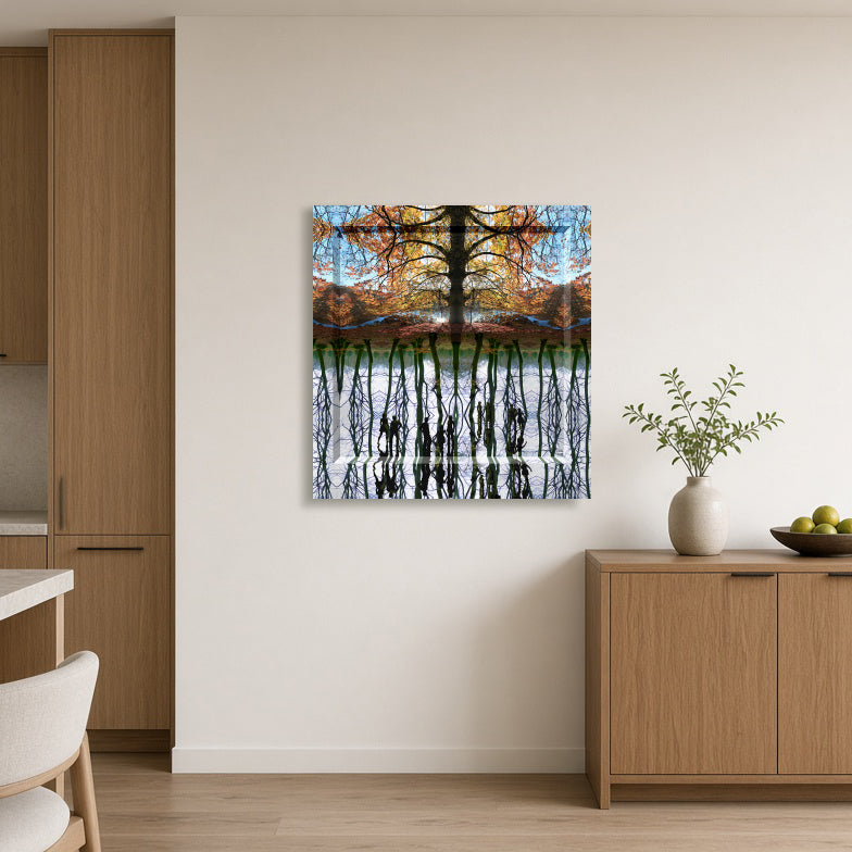 Insight Landscape II displayed in an kitchen interior – immersive mystical forest digital painting by Lisette Huizenga with powerful reflections and symmetry.