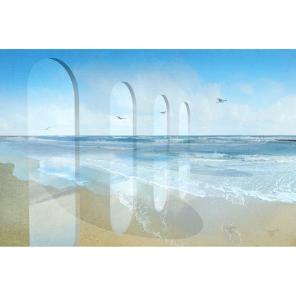 Surreal coastal artwork featuring repeating translucent arches extending into the sea, creating a sense of depth, rhythm, and infinite perspective.
