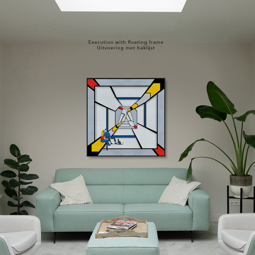 Geometric Bridge 21 Triangle artwork by Lisette Huizenga displayed in modern interior with floating frame 