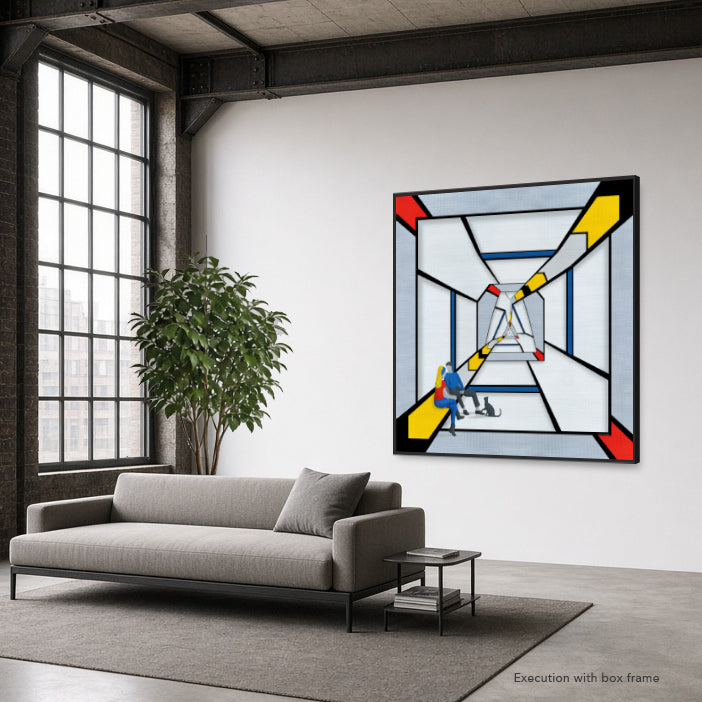 Geometric Bridge 21 Triangle artwork by Lisette Huizenga displayed in modern interior with box frame 