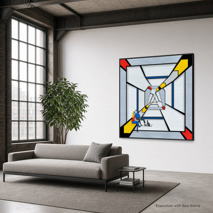 Geometric Bridge 21 Triangle artwork by Lisette Huizenga displayed in modern interior with box frame 