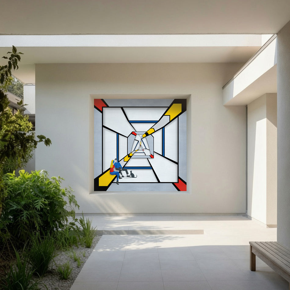 Geometric Bridge 21 Triangle artwork on garden wall in contemporary outdoor space