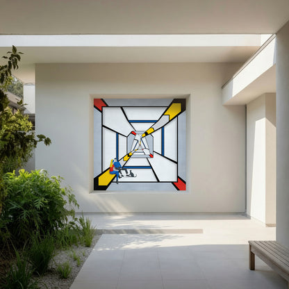 Geometric Bridge 21 Triangle artwork on garden wall in contemporary outdoor space