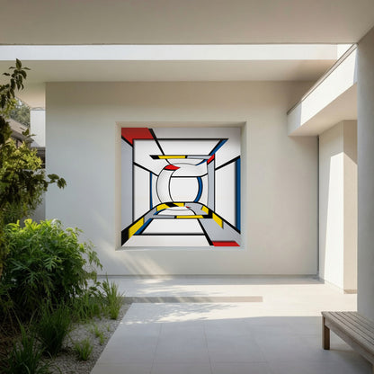 Geometric abstract painted artwork in modern patio