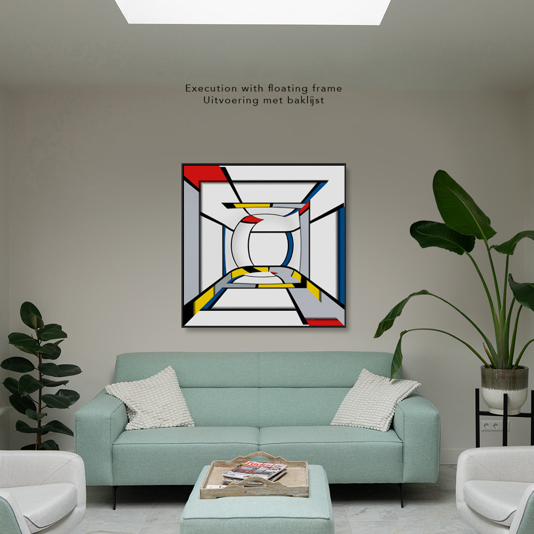 Geometric abstract artwork framed in modern interior