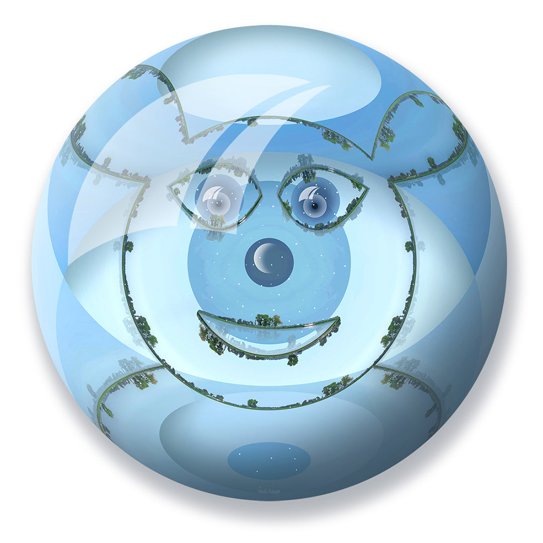 Terra Waramuni Burlesca, playful planet-like artwork with smiling expression, ideal for kids interior by Lisette Huizenga